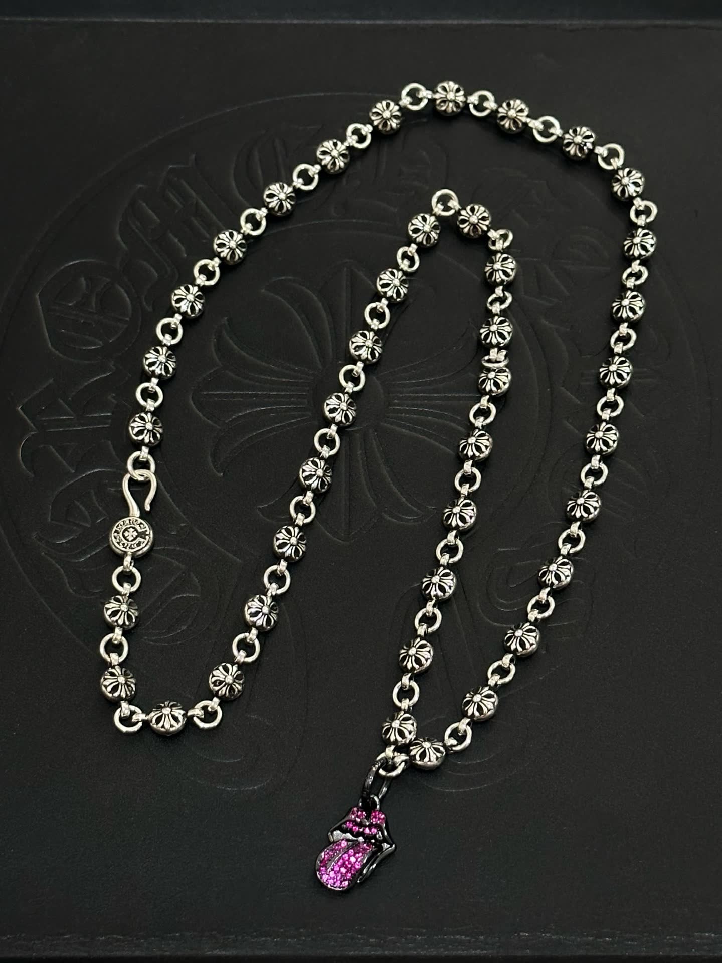 Chrome Hearts Silver Flower Chain with Pink Crystal Butterfly Pendant